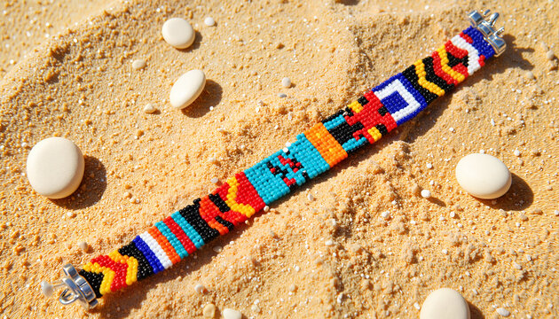Vibrant beaded bracelet on sand under sunlight, tribal craftsmanship