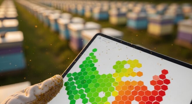 Close up of a tablet screen displaying a colorful hexagonal grid map held by a gloved hand in an apiary with rows of blurred beehives in the background, during a sunny day