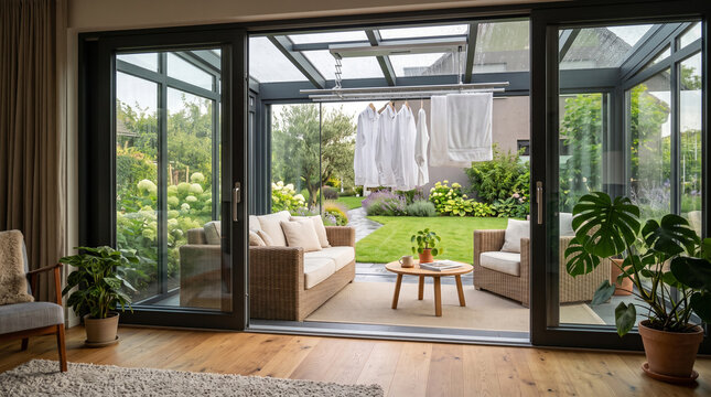 Drying rack with laundry hanging inside glass sunroom extension