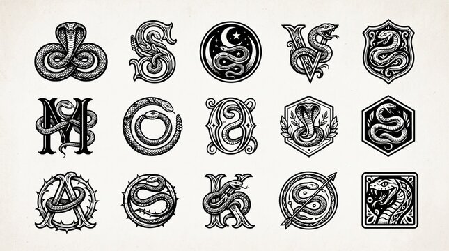 Snake logo icon collection featuring stylized serpentine letterforms, coiled snakes, decorative patterns, geometric badges, bold black linework, vintage emblem designs, monochrome vector style.