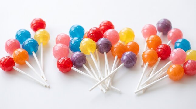 Colorful lollipop collection featuring glossy red, blue, yellow, pink, purple, and orange candy pops on sticks, arranged in playful groups with soft highlights and shading.
