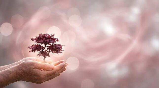 Hands Holding Small Red Tree Seedling Plant