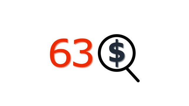 63 dollar price tag with magnifying glass animation for e-commerce and financial marketing search discount