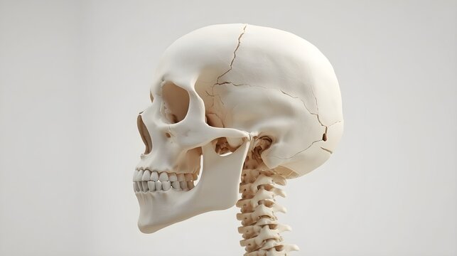 Side view of human skull anatomy with teeth, jaw, and head bones depicted in medical anatomic model
