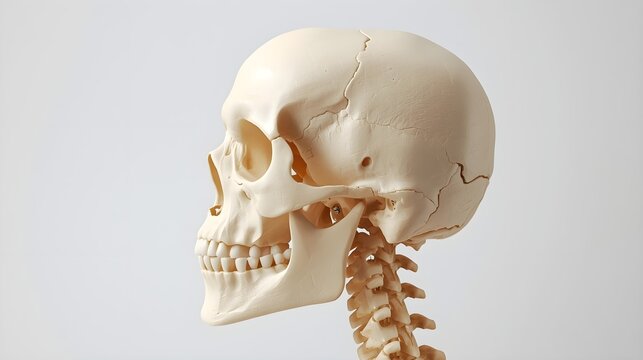 Side view of human skull anatomy with teeth, jaw, and head bones depicted in medical anatomic model