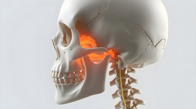 Side view of human skull anatomy with teeth, jaw, and head bones depicted in medical anatomic model