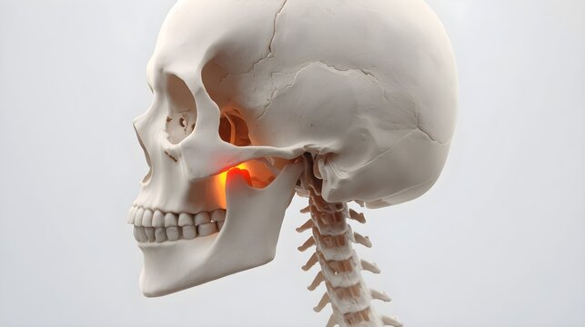 Side view of human skull anatomy with teeth, jaw, and head bones depicted in medical anatomic model