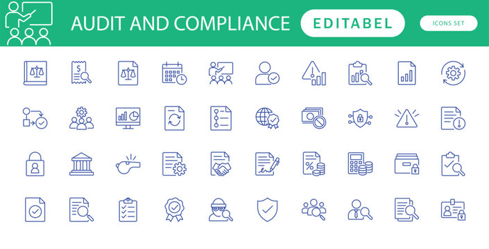 Audit and Compliance Solid Lien icon set, checklist, report, survey, internal, legal, law, policy, accounting, expense, financial, quality, inspect, privacy, tax, return

