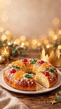 Traditional Rosca de Reyes King Cake with Candied Fruit for Epiphany Celebration with Golden Crown