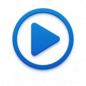 Blue play button icon in circular frame on white background. Simple graphic element for media player app interface. Start, record, forward actions.