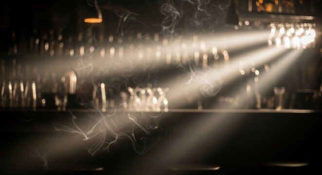 Dimly lit bar counter interior with blurred rows of glassware on shelves in the background, and dramatic beams, of light cutting, through thick hazy, smoke filling the, dark room atmosphere