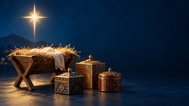 Empty Wooden Manger Bathed in Light Next to Three Golden Gift Boxes of the Magi for Epiphany