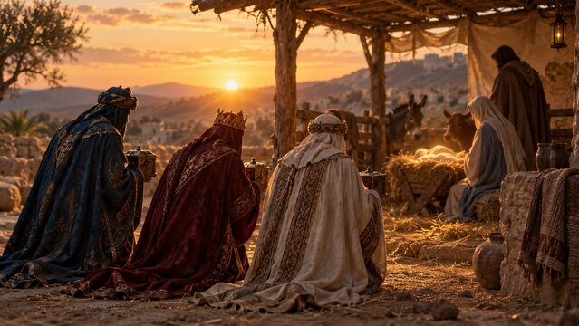 The Three Kings Kneeling Before the Manger in Adoration of the Christ Child on Epiphany Morning