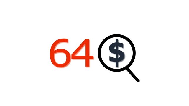 64 dollar price tag with magnifying glass animation for e-commerce and financial marketing search discount