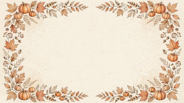 Autumn harvest frame. Decorative border with hand-drawn pumpkins and fall foliage on textured paper for seasonal stationery and event invitations.