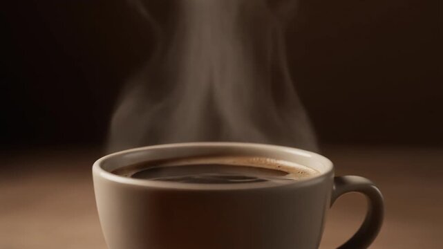 A steaming cup of fresh hot coffee sits on a rustic table, releasing fragrant warm vapor in the morning light