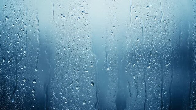 Raindrops on a window pane creating a moody, cool-toned background texture with soft blue light and water droplets streaming down