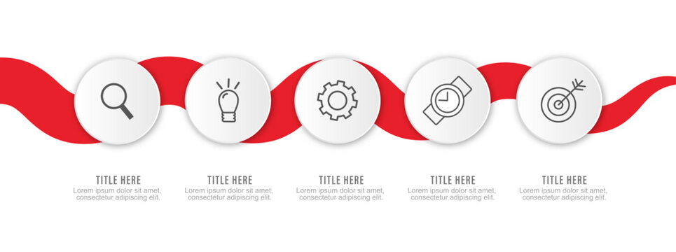 Horizontal 5 steps wavy red ribbon process flowchart diagram vector graphic
