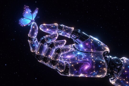 Robotic hand made of glowing constellations holds blue butterfly in deep space. Futuristic AI cyborg arm with cosmic nebula patterns touches delicate insect. Concept of machine learning harmony with