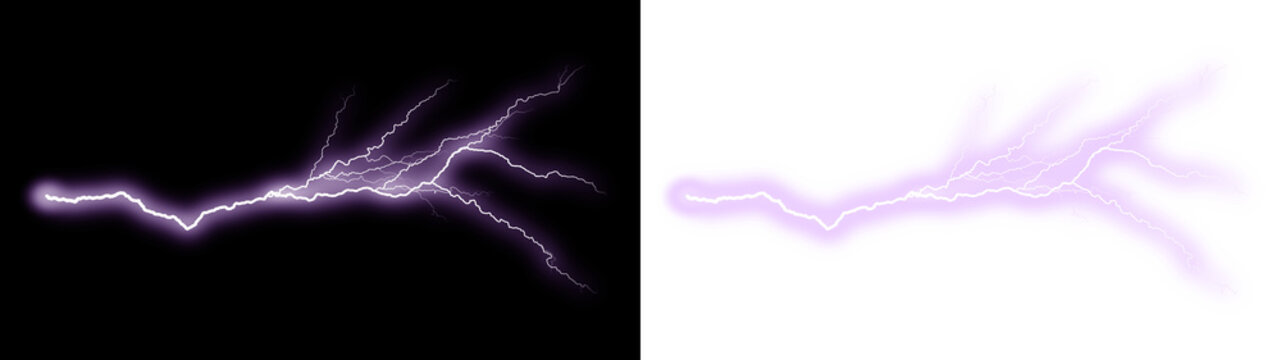 Purple lightning bolt strike. Horizontal electric spark discharge and glowing plasma flash. Isolated on transparent background for digital art