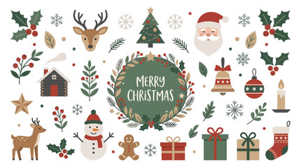 Fototapeta premium Merry Christmas Flat Vector Icon Set with Holiday Elements