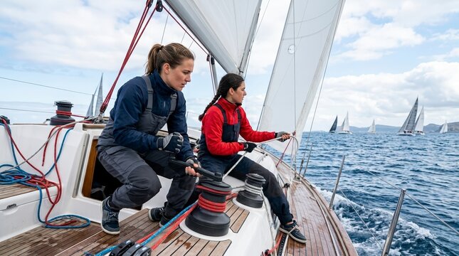 Two women actively working winches and ropes on a sailboat deck. Female crew participating in a regatta on open water. Authentic sailing and teamwork concept