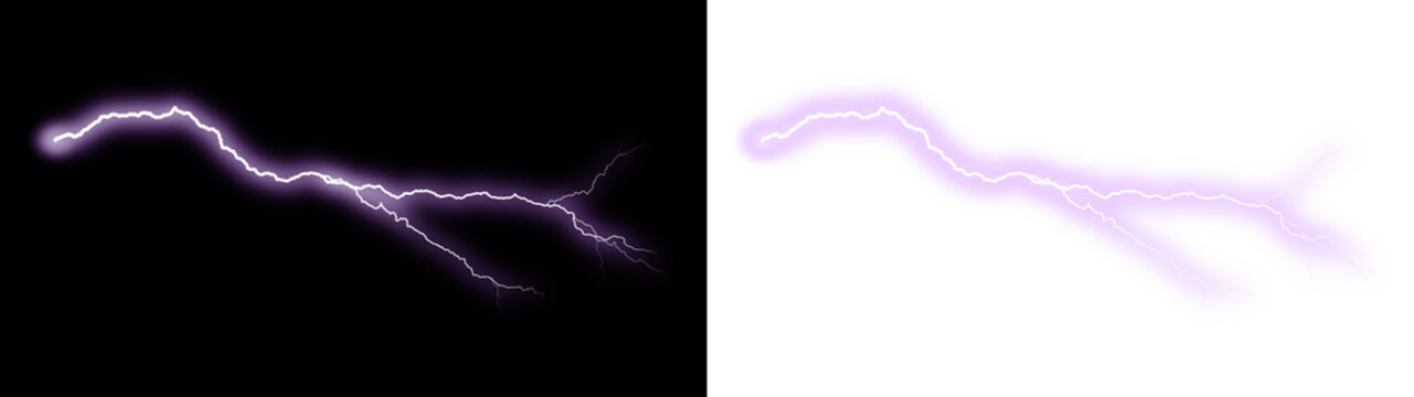 Purple lightning bolt graphic element. Glowing electric spark and thunder flash. Isolated on transparent background. Overlay ready asset