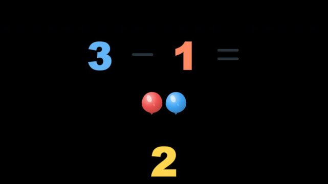 Playful educational subtraction animation for kindergarten and preschool children. Balloons appear then some fly away to visually demonstrate subtraction. Numbers, minus, and equals signs reveal in se