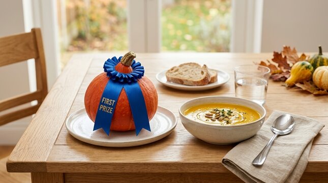 Orange pumpkin with a blue first prize ribbon on a wooden dining table. Autumn seasonal meal setting with a bowl of creamy squash soup and crusty bread