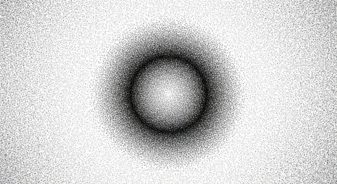 Monochrome abstract background, featuring a central, circular glowing light, effect surrounded by, dense grainy noise, particles, dark radial, gradient texture with, fine black and, white pixelated