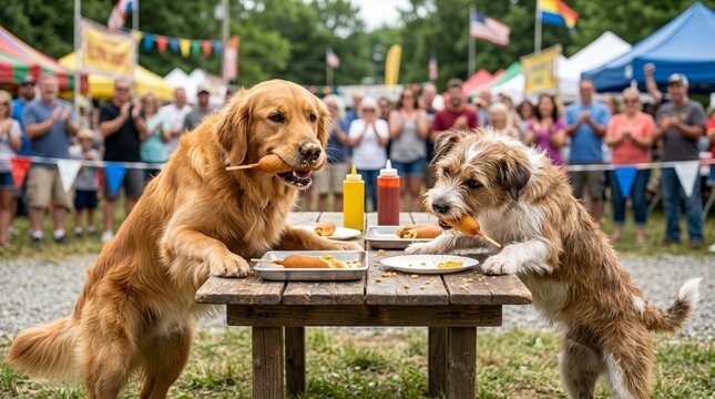 Two dogs participating in a funny corn dog eating contest at a summer festival. Golden Retriever and terrier eating fast food on a picnic table while a crowd watches