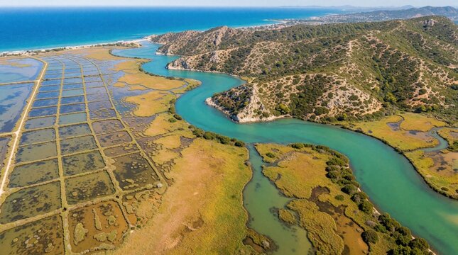 Aerial drone view of beautiful wetlands scenery on sunny day. Blue river flows through green hills, marshland. Coastal landscape with salt pans, turquoise water. Scenic nature view of estuary near
