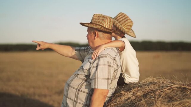 Happy elderly farmer and his grandson admiring beautiful wheat field in summer. Little boy sitting on haystack, hugging his grandpa, warm family atmosphere and relationships, continuity of generations