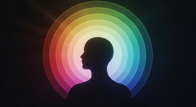 Silhouette of a human head profile centered against a series of concentric glowing rainbow colored circular rings on a dark background, representing mindfulness, psychology, and mental health