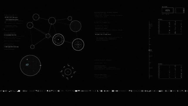 Animated futuristic HUD interface with node network diagram, code readouts, radar targets and sector data tables on black, sci fi screen display loop