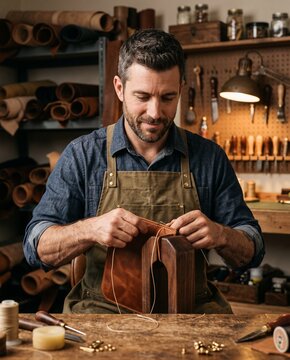 Artisan Craftsman Stitching Leather Item in Workshop