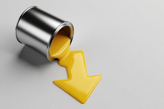 Yellow paint spills from metal on white surface. Liquid forms downward arrow shape. Creative concept for price drop, sale discount economy crash. Minimalist background with copy space for business