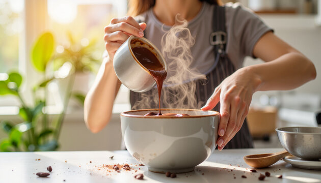 Young woman pouring melted chocolate into bowl in sunlit kitchen, culinary bliss
