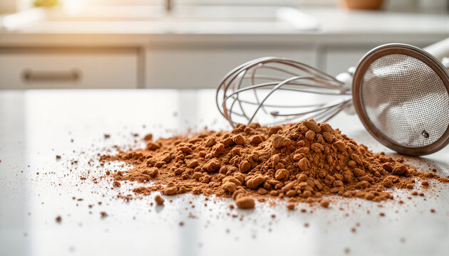 Cocoa powder scattered on kitchen counter, baking essentials theme