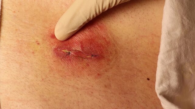 Close-up of a doctor examining a postoperative surgical wound with granulation tissue, sutures and redness during tissue repair. Useful for medical education, wound care, surgery and recovery content.