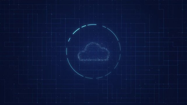 Animated blue digital cloud computing icon inside rotating HUD circle with circuit board lines, data transfer, cloud storage and network technology loop