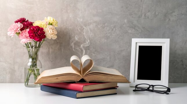 Cozy Reading Setup With Open Book Heart Shape