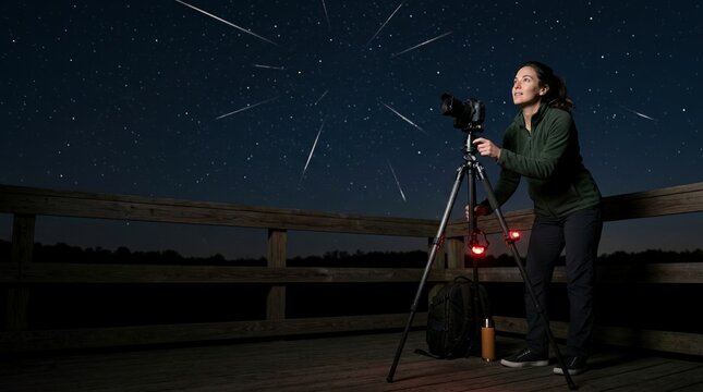 Woman capturing the Perseid meteor shower with a camera on a tripod. Astrophotographer taking photos of the starry night sky from a wooden deck