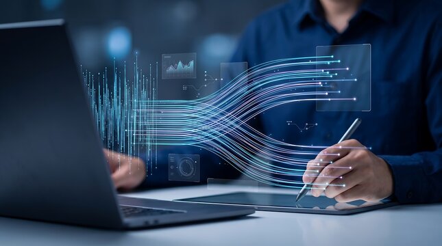 Professional using stylus on tablet to manipulate complex digital data streams and information flow representing artificial intelligence and advanced technical analysis for software development
