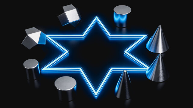 Neon Star Shape Surrounded By Metallic Geometric Objects