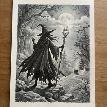 Pencil sketch of a witch in a tattered cloak holding a staff in a misty forest under a full moon
