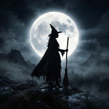 Silhouette of a witch with a broom standing against a massive full moon in a mystical mountain landscape