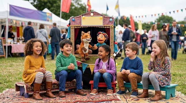 Diverse children laughing while watching an outdoor puppet show. Happy kids sitting on benches at a community festival. Puppet theater performance for family audience