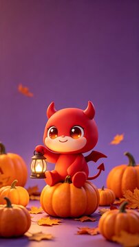 Cute 3D Halloween Little Devil Sitting on Pumpkin