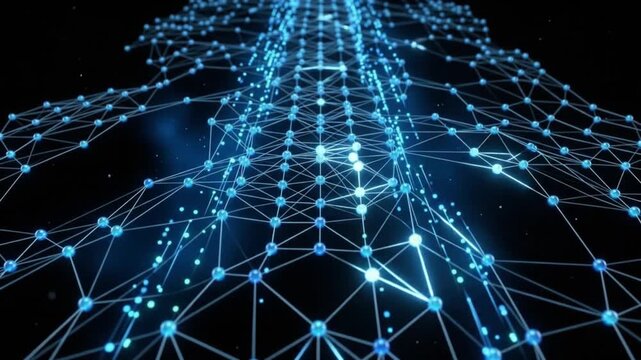 Futuristic digital network connections forming a glowing geometric web in deep space